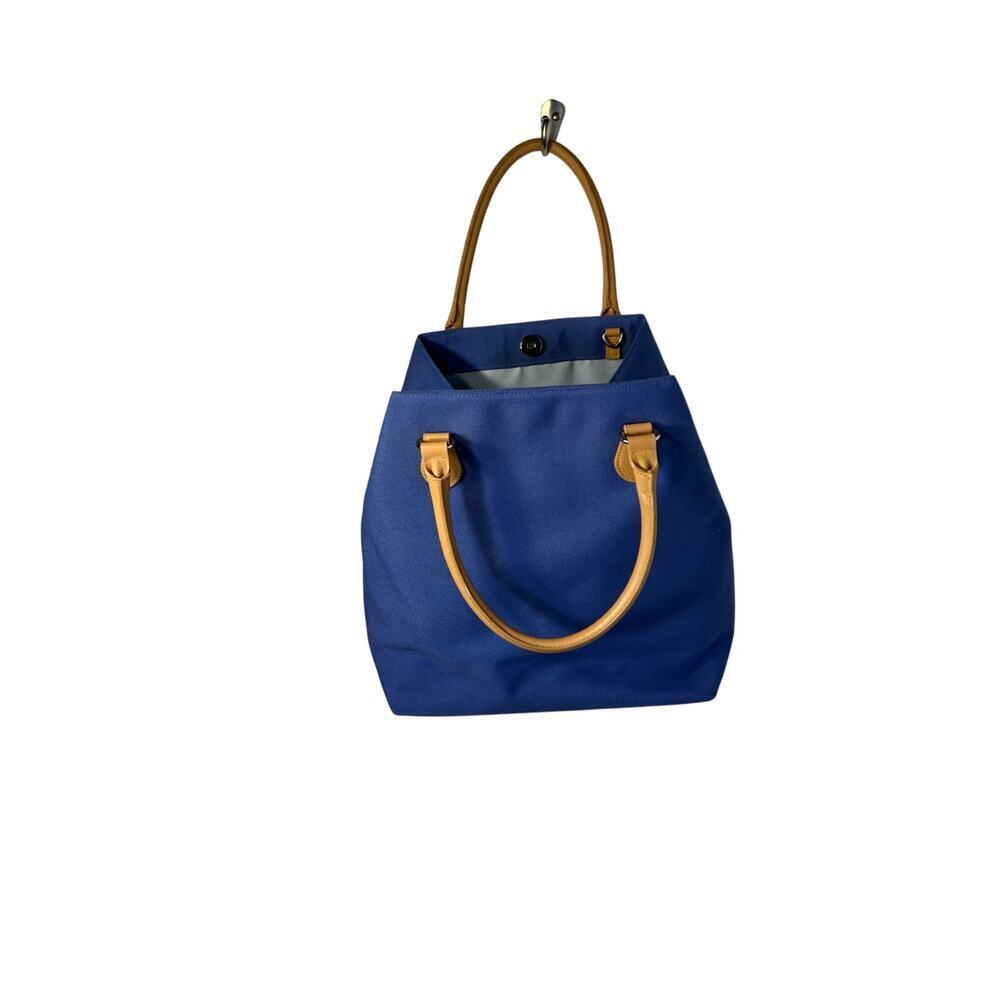 Talbots medium blue canvas contrast tan handle snap closure Y2K satchel handbag